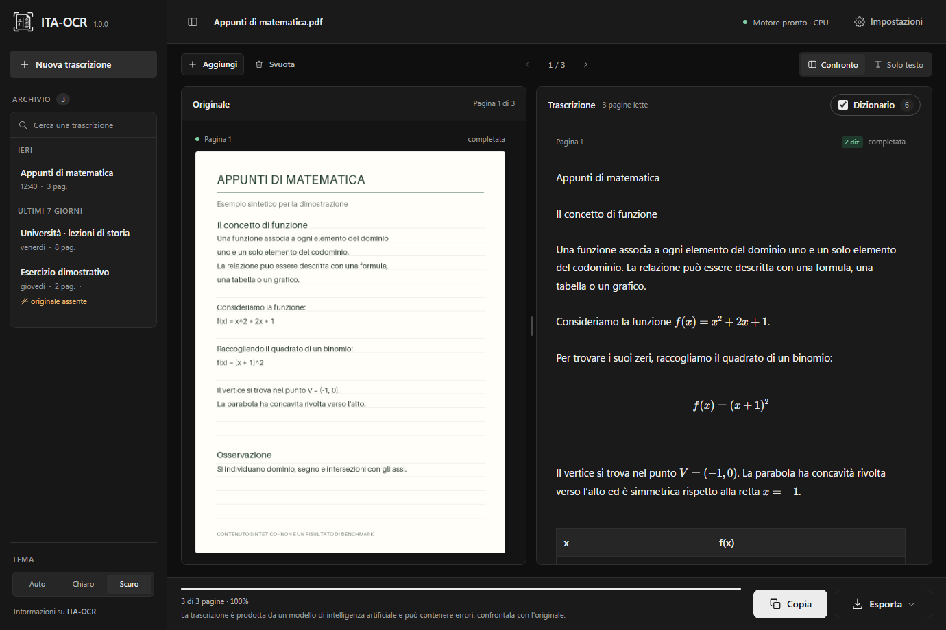 Interfaccia ITA-OCR con un documento sintetico e la sua trascrizione affiancati